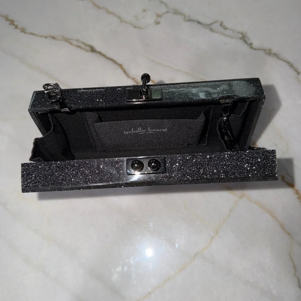 Isabella Fiore Black Glitter Rectangular Minaudière Clutch